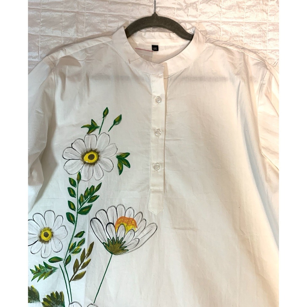 Hand Painted White Cotton Blouse XXL  Floral India Boho Art to Wear 42" NWOT - Picture 6 of 11